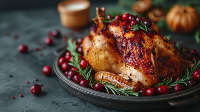 Roasted turkey on a dark plate, garnished with cranberries and rosemary, near greens on a textured surface