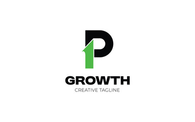 Growth logo with letter P and arrow up for invest, investment and trading logo