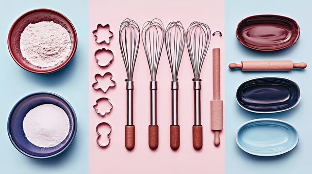 Baking tools arranged on pastel background
