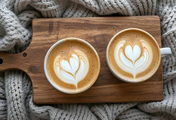 Warm lifestyle photo featuring two heart-shaped latte art cups on wood, surrounded by soft knitted fabric and a calm atmosphere.