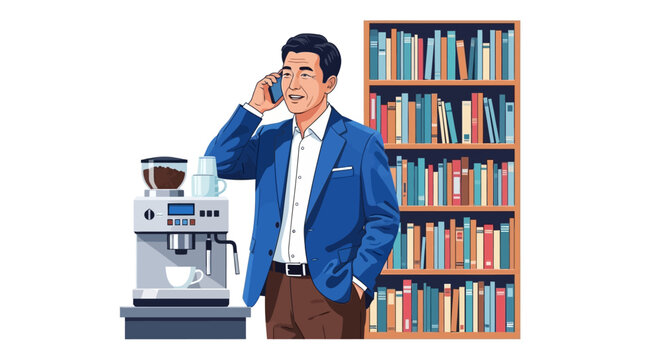 Stylish man in blue blazer talking on phone near coffee machine and bookcase.
