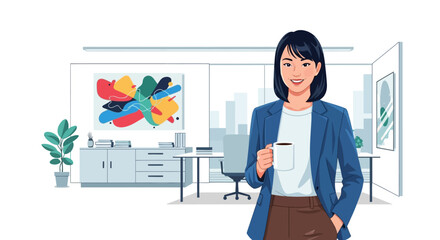 Fototapeta premium Smiling Businesswoman in Modern Office Holding Coffee.