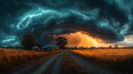 Obraz premium A dramatic weather theme unfolds with a powerful storm dominating golden fields. Lightning illuminates a rural landscape, enhancing its rustic buildings and winding dirt road.