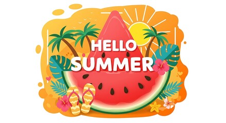 Vibrant Hello Summer Illustration Featuring Watermelon, Palm Trees, and Sunshine.