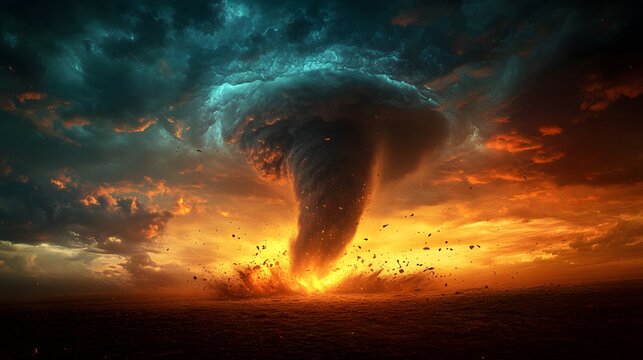 A powerful tornado dominates the landscape, showcasing nature's raw strength. The dramatic sky, swirling clouds, and ground debris enhance the Weather Theme and feeling of awe. A destructive force.