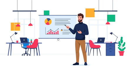 Bearded man presenting data on a whiteboard in a modern office space.
