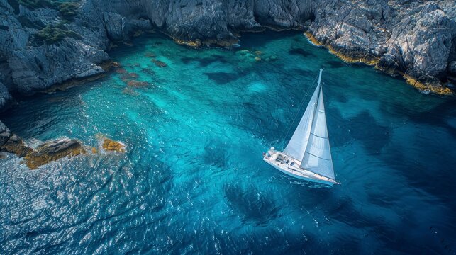 Aerial Sailboat glides on crystalline turquoise water nestled between rocky coastal cliffs under a sunny sky