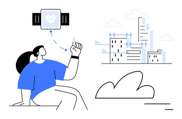 Woman analyzing heart rate data on smartwatch while sitting outdoors near urban skyline and cloud. Ideal for fitness, health tracking, wearable technology, urban lifestyle, well-being, technology