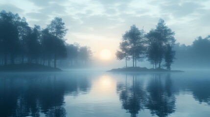 Fototapeta premium A misty lake reflects the ethereal light of the sun, with tree silhouettes adding depth. The soft blues and grays create a serene and calming weather theme atmosphere. Landmasses frame the scene.