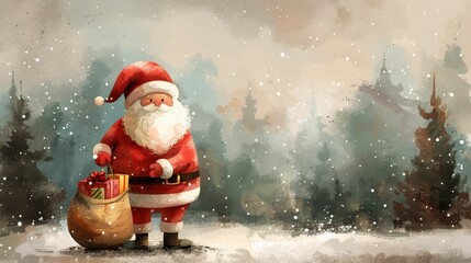 Santa with sack, snowy forest. Watercolor style. Presents wrapped in bow. Holiday season cheer