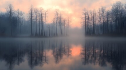 Fototapeta premium Misty forest reflected in calm water evokes tranquility, perfect for Weather Theme visuals. Bare trees silhouette against a serene sunrise or sunset, enhancing a peaceful scene.