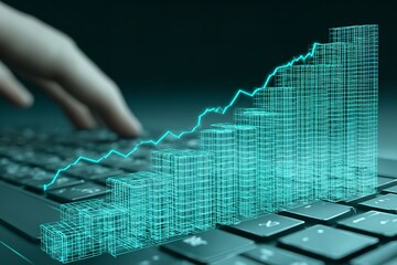 Digital representation of growth trends displayed on a keyboard at a technology workspace