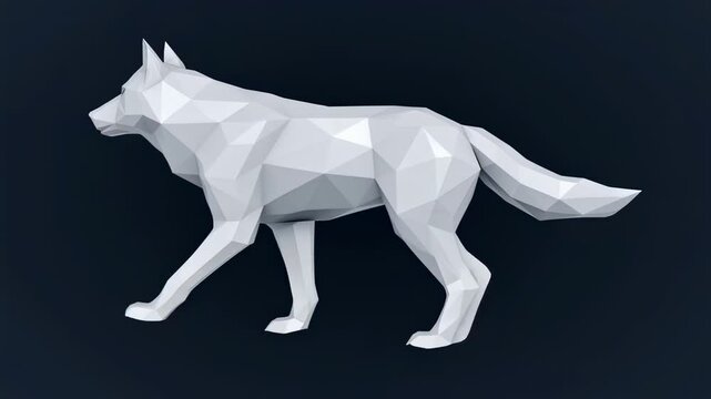 Low poly white wolf animation on dark background, polygonal geometric design concept