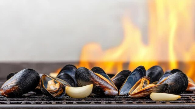 Grilled mussels and garlic with roaring flames on barbecue