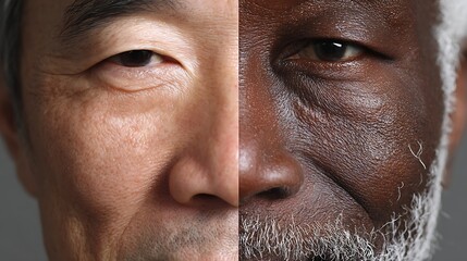 Obraz premium Before-after comparison image of an elderly man using cosmetic products. His skin looks slightly better in After. Emphasize realism.