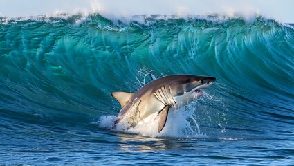 Obraz premium Majestic Great White Shark Leaping from Ocean Wave A Breathtaking Wildlife Encounter