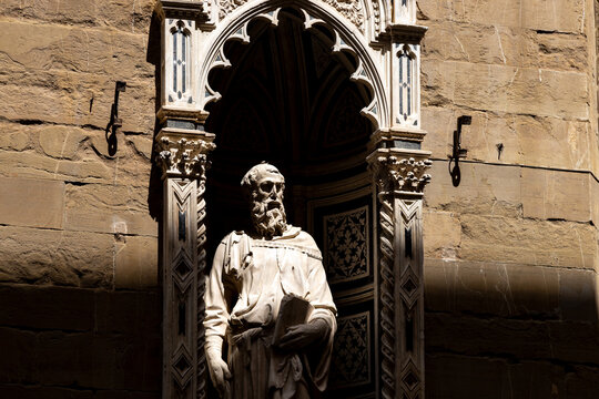 Detail of the statue of Saint Mark by Donatello on the facade of Orsanmichele, a masterpiece of early Renaissance sculpture in Florence, Italy