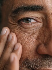 Fototapeta premium A retired Latin man is applying a spot cream under his eyes, focusing on his eyes, with slight wrinkles. Suitable for advertising eye cream.