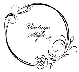 A black and white vintage style circle with a rose and a leaf