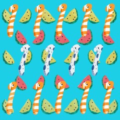 夏のスイカとチンアナゴのパターン（ブルー） / Summer Pattern with Garden Eels & Watermelons (Blue)