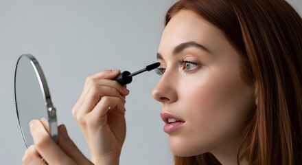 Fototapeta premium Close-up of a woman applying mascara with a mirror against a light gray background, focusing on eye makeup application, natural light and beauty concept.