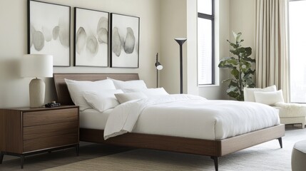 Obraz premium Modern Minimalist Bedroom Interior Design: Serene and Sophisticated Space