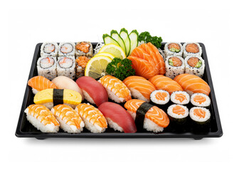 A sushi platter with assorted sashimi, nigiri, and rolls garnished with cucumber slices, lemon wedges, and parsley on a black tray isolated on white