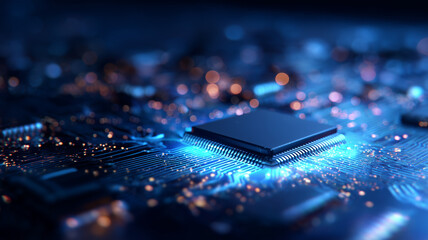 A cool blue microchip glowing on a motherboard at night, symbolising efficient digital processing and cutting edge semiconductor technology.
