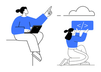 Woman with laptop points toward cloud icon while teammate kneels holding coding brackets. Ideal for teamwork, programming, cloud tech, communication, creativity, innovation, simple landing page