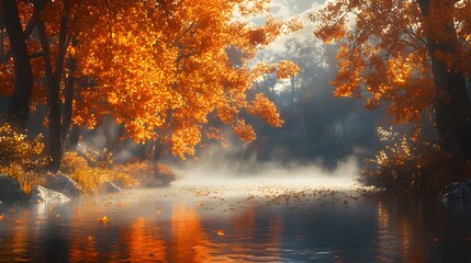 A tranquil autumn landscape featuring vibrant foliage reflected in misty waters. Fallen leaves enhance the serene scene, capturing the essence of an atmospheric, weather-themed fall day.