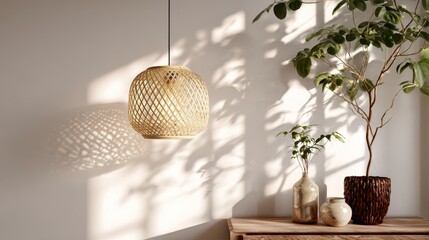 Rattan pendant lamp casting geometric shadows on wall