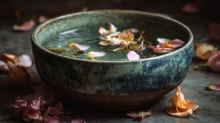Sage ceramic bowl with floating flower petals