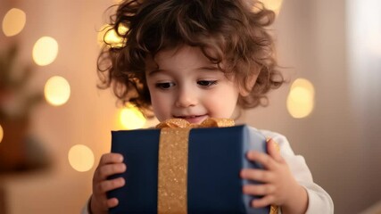 Child's joyful anticipation unwrapping gift in cozy holiday setting