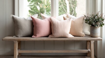 Obraz premium Linen throw pillow on natural wood bench