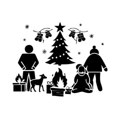 Stylized black and white illustration of a Christmas scene with family