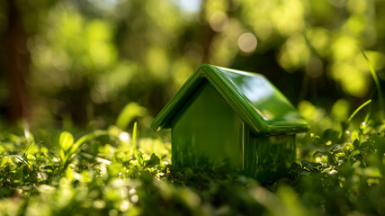 A tiny bright green house model nestled in sunlit garden foliage, illustrating sustainable eco friendly living and environmentally conscious home design vision.
