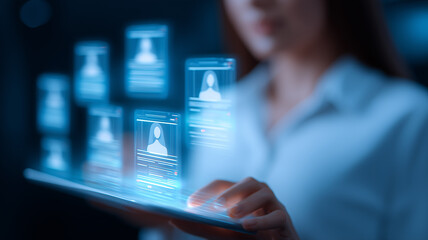 A business hand tapping holographic user cards that hover above a smartphone screen, representing mobile customer relationship management and digital networking engagement.
