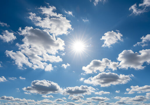 Bright Sunny Sky with Clouds and Sunburst, Perfect for Backgrounds, Outdoor Scenery.