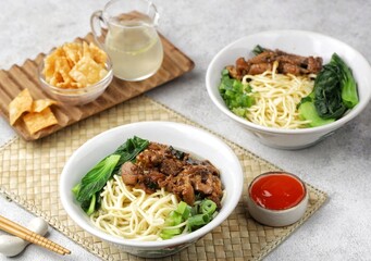 Mie Ayam. Chicken noodles are a typical Indonesian dish made from wheat noodles seasoned with pieces of chicken meat.