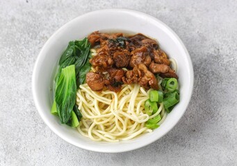 Mie Ayam. Chicken noodles are a typical Indonesian dish made from wheat noodles seasoned with pieces of chicken meat.