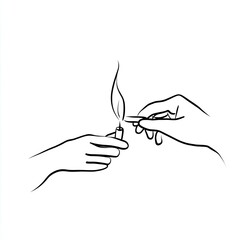 Hands Lighting a Match: Black and White Line Art Illustration