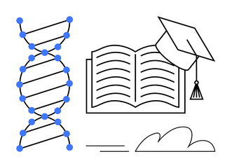 DNA helix emphasizing genetics, open book for knowledge, graduation cap symbolizing education. Ideal for research, learning, success, innovation, biology, academics simple flat metaphor