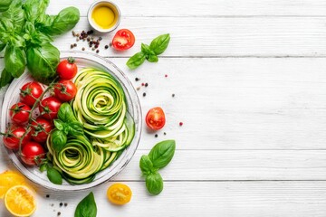 Fresh zucchini noodles cherry tomatoes basil healthy eating