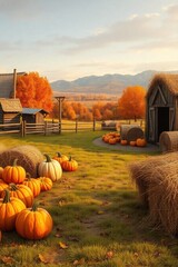 copy space for text background fall A cozy countryside setting with pumpkins hay bales and earthy textures
