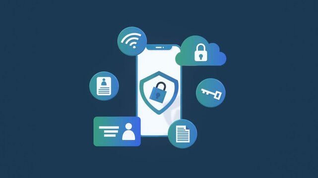 Animated concept of data security featuring a smartphone and various digital protection icons. Ideal for themes like cyber safety, personal data privacy, and password protection in the digital world.
