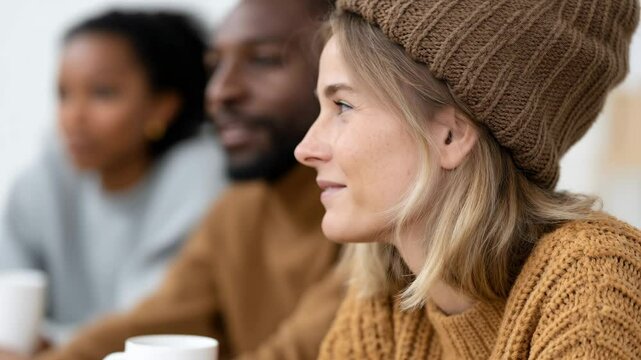 Diverse group engaged in conversation while enjoying coffee indoors