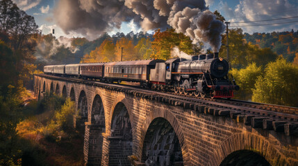 A high-quality AI-generated image of steam train crossing an old stone bridge for commercial use.
