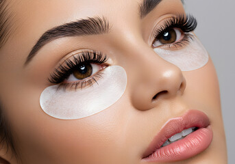 Beautiful Woman with Long Eyelashes and Eye Patches Beauty, Makeup, Skincare, Eyelash Extensions, Cosmetology.