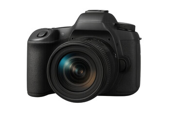 Professional dslr camera with large lens, isolated on transparent background, ready for photo shooting