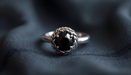 A silver ring with a braided design and a black gemstone